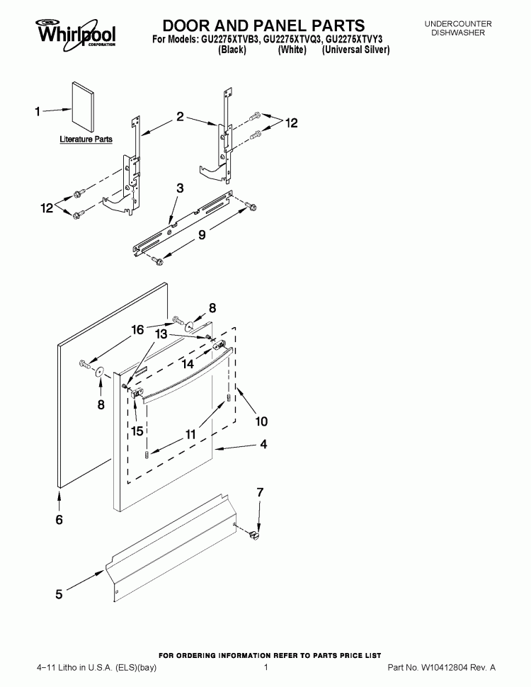 DOOR AND PANEL PARTS Diagram and Parts List for GU2275XTVY3  Whirlpool Dishwasher