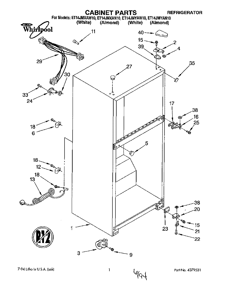 CABINET Diagram and Parts List for ET14JMXAN10  Whirlpool Refrigerator