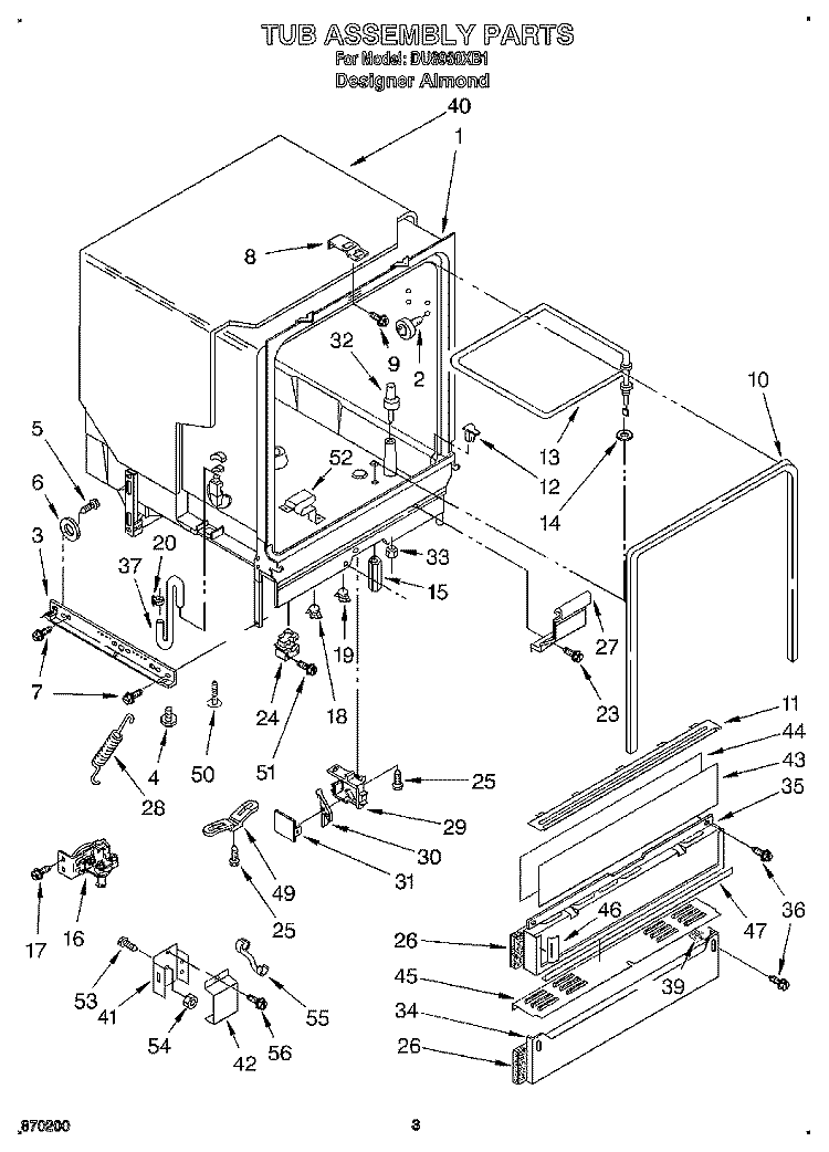 TUB ASSEMBLY Diagram and Parts List for DU8960XB1  Whirlpool Dishwasher