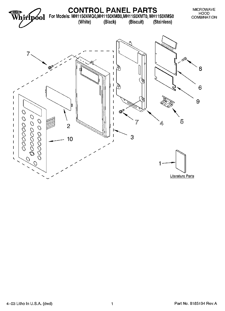 CONTROL PANEL PARTS Diagram and Parts List for MH1150XMS0  Whirlpool Microwave