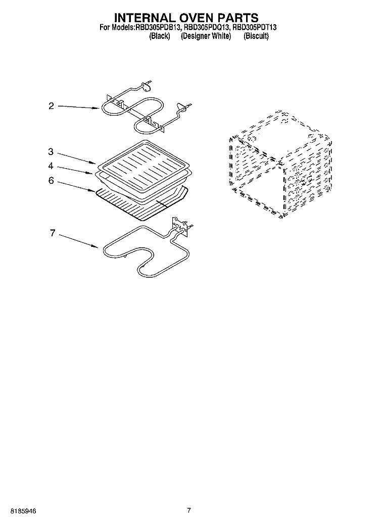 INTERNAL OVEN Diagram and Parts List for RBD305PDB13  Whirlpool Wall Oven