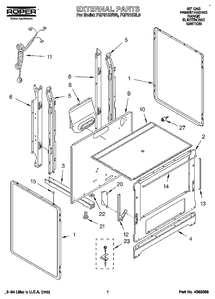 EXTERNAL Diagram and Parts List for FGP315BW0  Roper Range