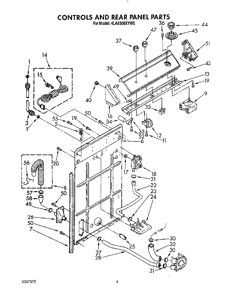 CONTROLS AND REAR PANEL Diagram and Parts List for 4LA6300XYN0  Whirlpool Washer
