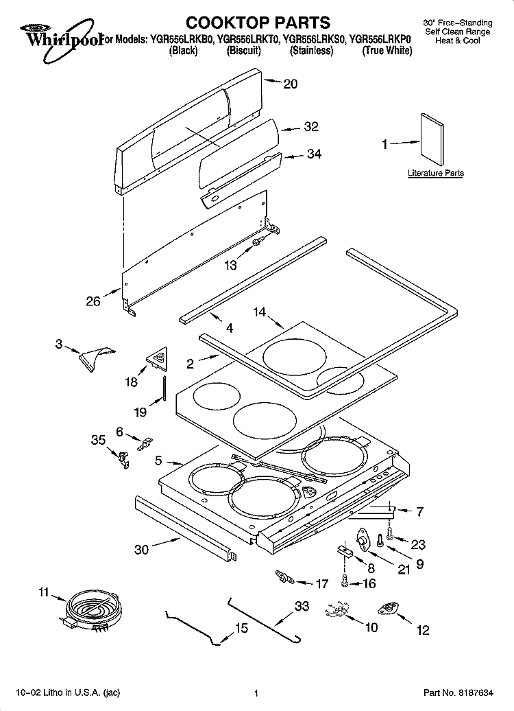 COOKTOP PARTS Diagram and Parts List for YGR556LRKS0  Whirlpool Range