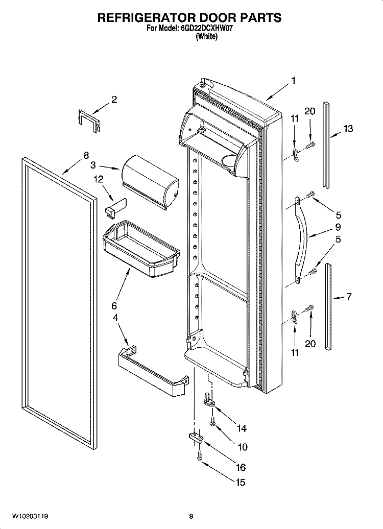REFRIGERATOR DOOR PARTS Diagram and Parts List for 6GD22DCXHW07  Whirlpool Refrigerator