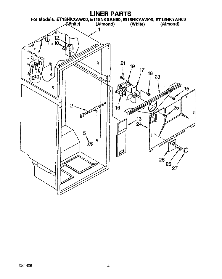 LINER Diagram and Parts List for ET18NKXAN00  Whirlpool Refrigerator