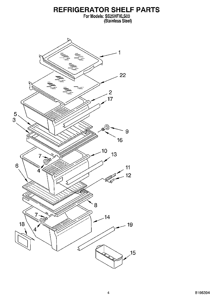 REFRIGERATOR SHELF PARTS Diagram and Parts List for SS25HFXLS00  Whirlpool Refrigerator