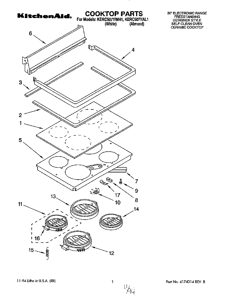COOKTOP, LITERATURE Diagram and Parts List for KERC507YWH1  KitchenAid Range