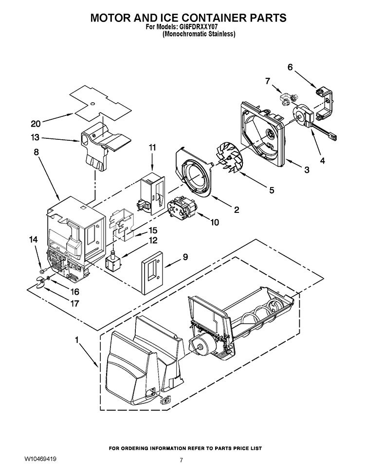 MOTOR AND ICE CONTAINER PARTS Diagram and Parts List for GI6FDRXXY07  Whirlpool Refrigerator