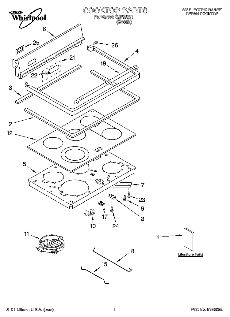 COOKTOP PARTS Diagram and Parts List for GJP85201  Whirlpool Range