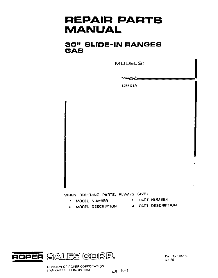 TOP BURNER Diagram and Parts List for 1456X1A  Roper Range