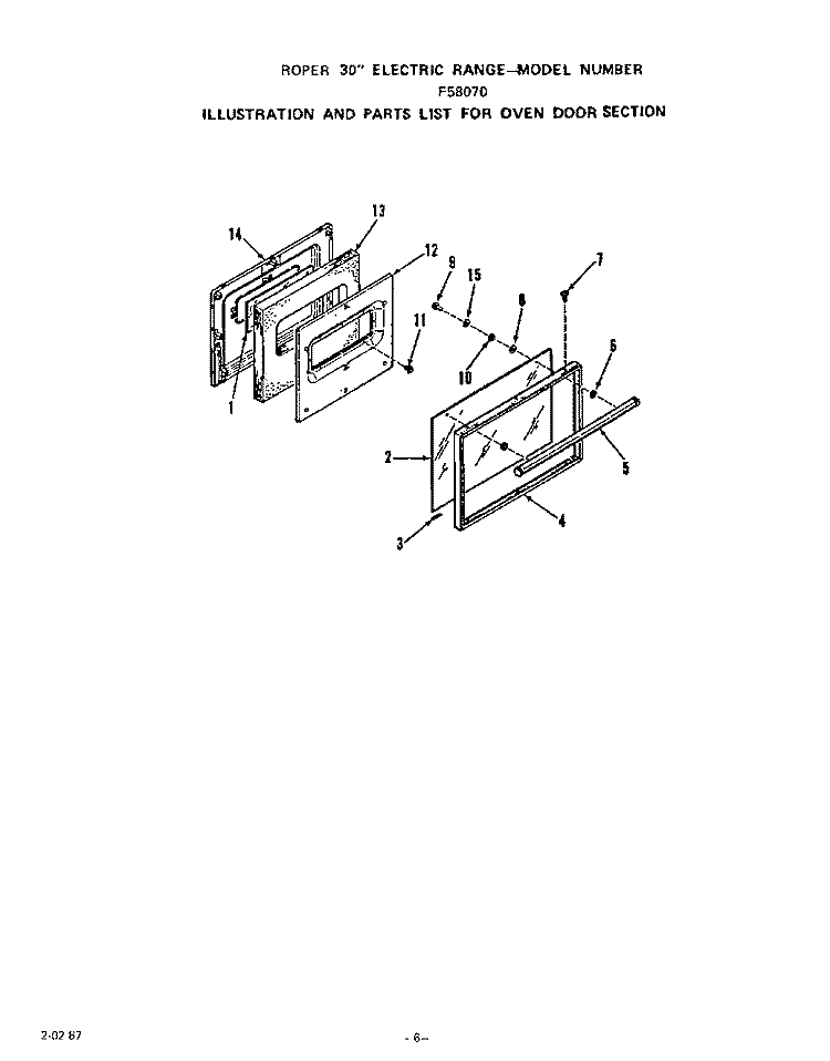 OVEN DOOR Diagram and Parts List for F5807W0  Roper Range