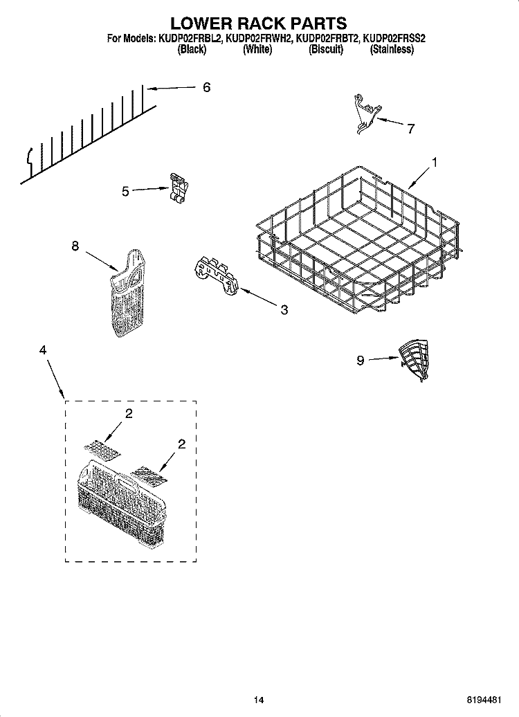 LOWER RACK PARTS, OPTIONAL PARTS (NOT INCLUDED) Diagram and Parts List for KUDP02FRBT2  KitchenAid Dishwasher