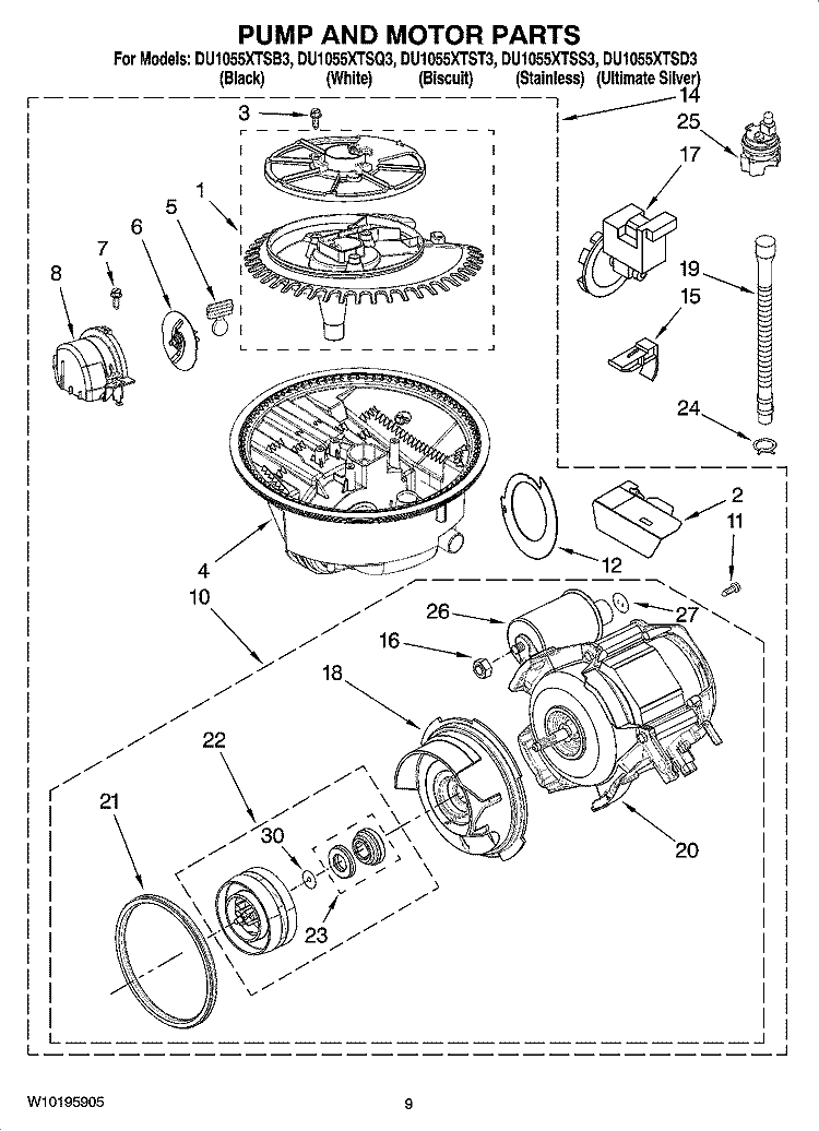 PUMP AND MOTOR PARTS Diagram and Parts List for DU1055XTST3  Whirlpool Dishwasher