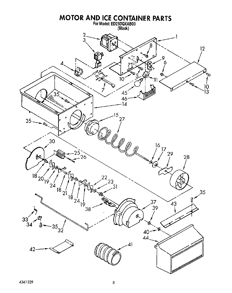 MOTOR AND ICE CONTAINER Diagram and Parts List for ED25DQXAB00  Whirlpool Refrigerator
