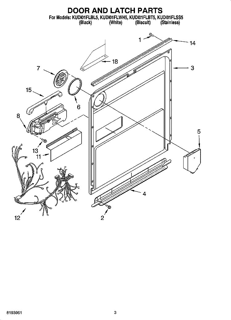 DOOR AND LATCH PARTS Diagram and Parts List for KUDI01FLSS5  KitchenAid Dishwasher
