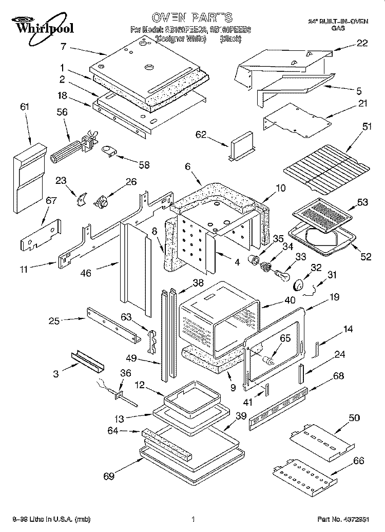 OVEN Diagram and Parts List for SB160PEEB8  Whirlpool Wall Oven