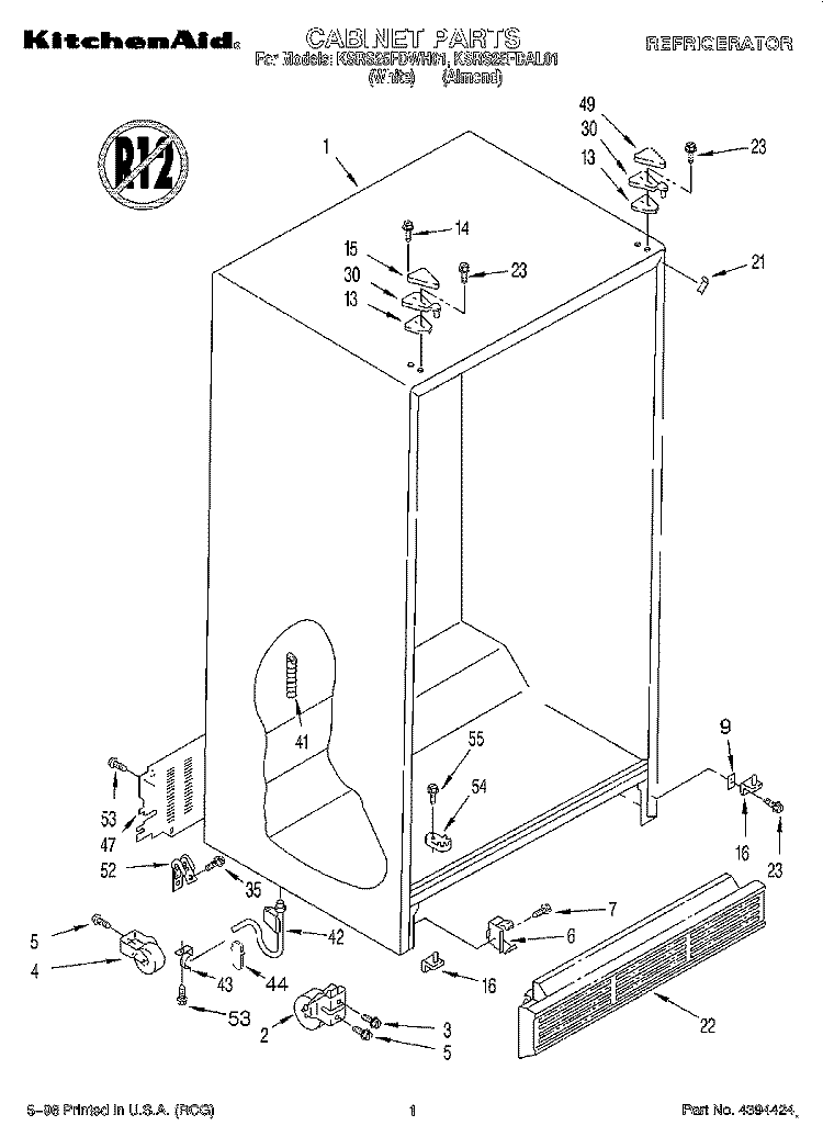 CABINET Diagram and Parts List for KSRS25FDWH01  KitchenAid Refrigerator
