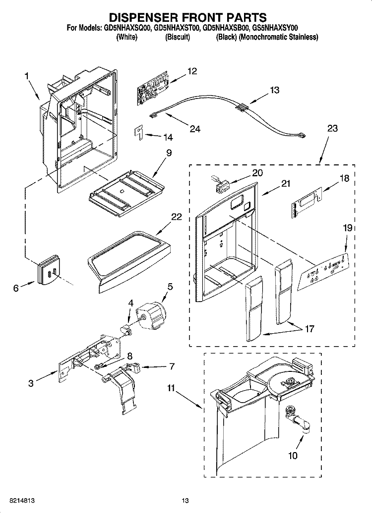 DISPENSER FRONT PARTS Diagram and Parts List for GS5NHAXSY00  Whirlpool Refrigerator