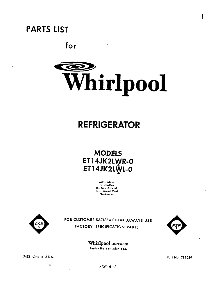 COVER Diagram and Parts List for ET14JK2LWR0  Whirlpool Refrigerator