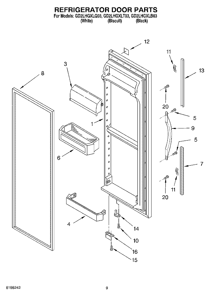 REFRIGERATOR DOOR Diagram and Parts List for GD2LHGXLT03  Whirlpool Refrigerator