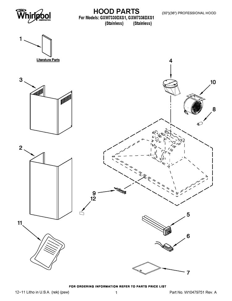 HOOD PARTS Diagram and Parts List for GXW7330DXS1  Whirlpool Range Hood