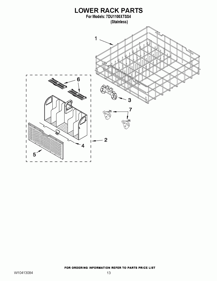LOWER RACK PARTS Diagram and Parts List for 7DU1100XTSS4  Whirlpool Dishwasher