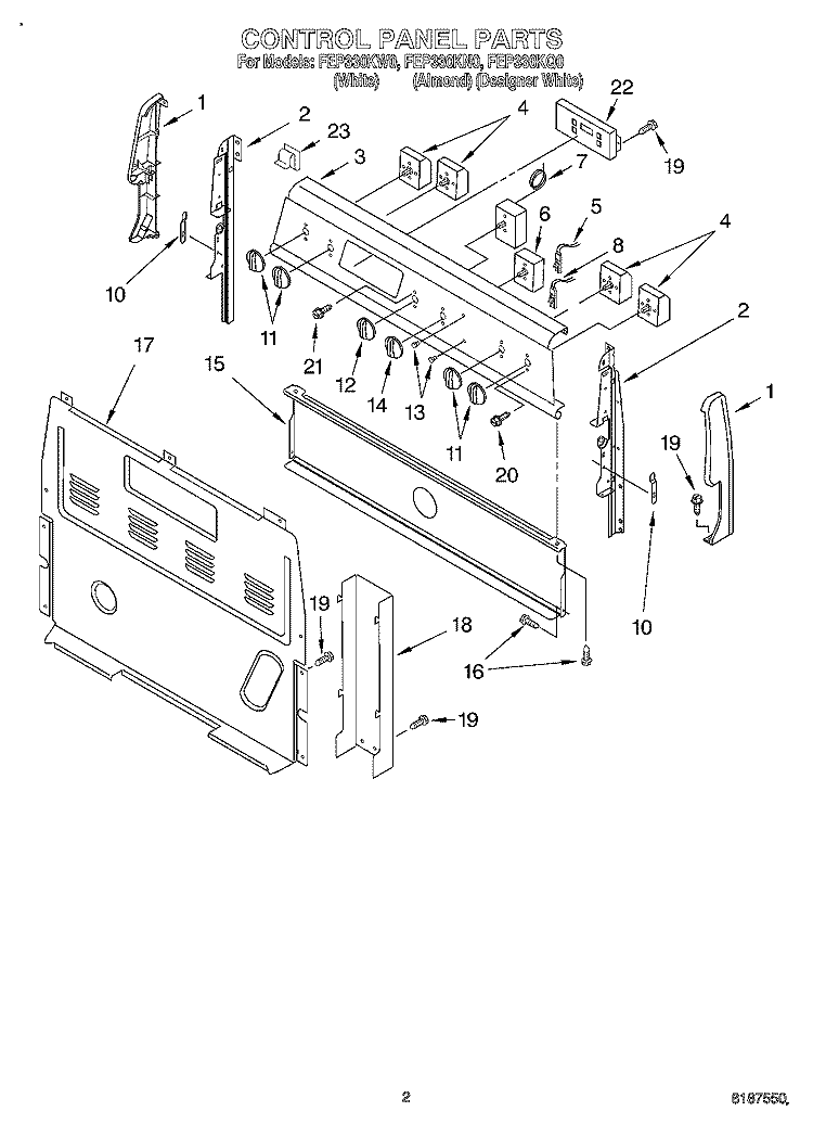 CONTROL PANEL Diagram and Parts List for FEP330KQ0  Roper Range