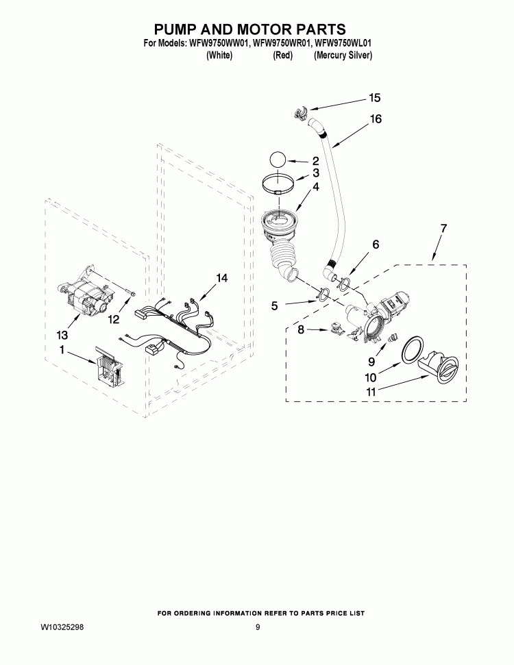PUMP AND MOTOR PARTS Diagram and Parts List for WFW9750WL01  Whirlpool Washer