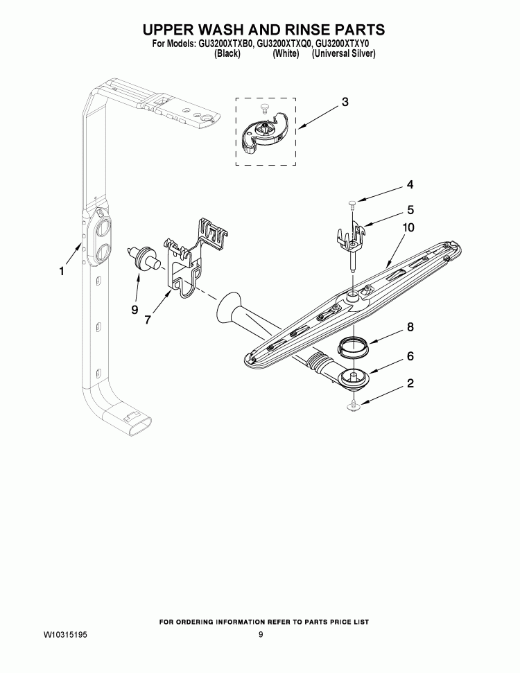 UPPER WASH AND RINSE PARTS Diagram and Parts List for GU3200XTXB0  Whirlpool Dishwasher
