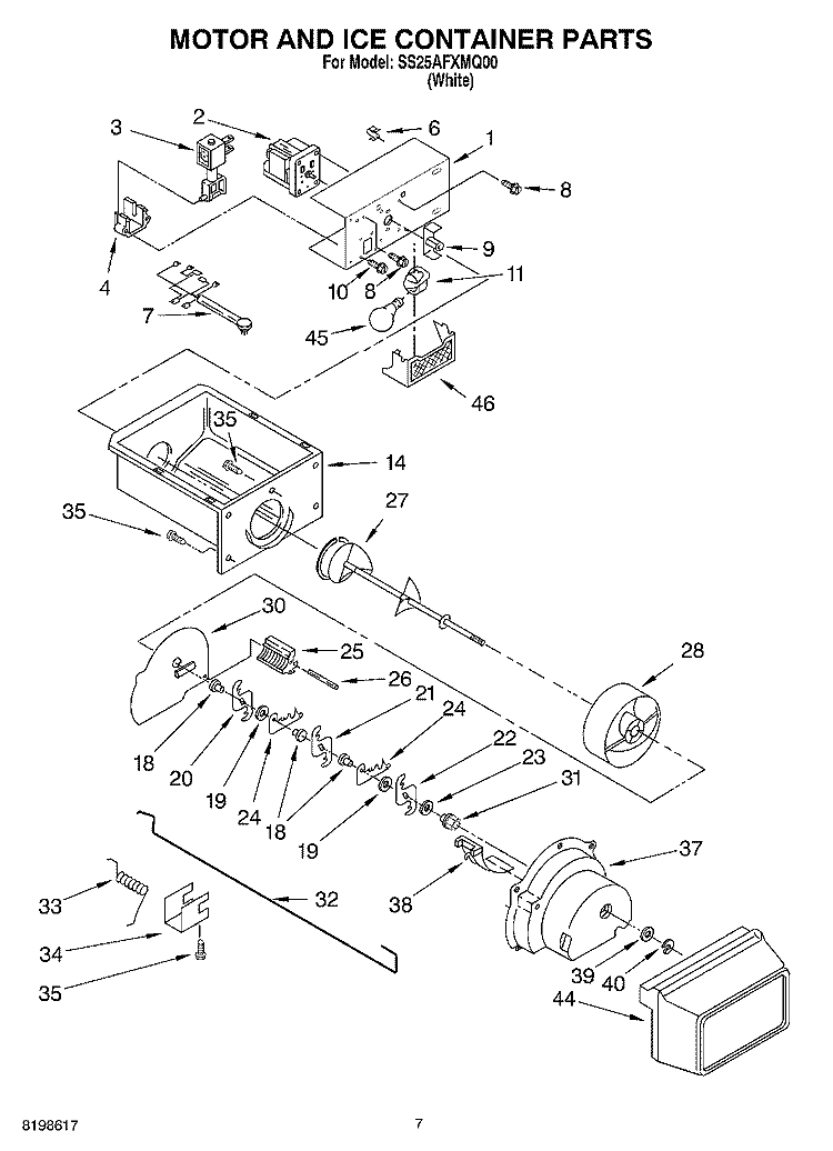MOTOR AND ICE CONTAINER PARTS Diagram and Parts List for SS25AFXMQ00  Whirlpool Refrigerator