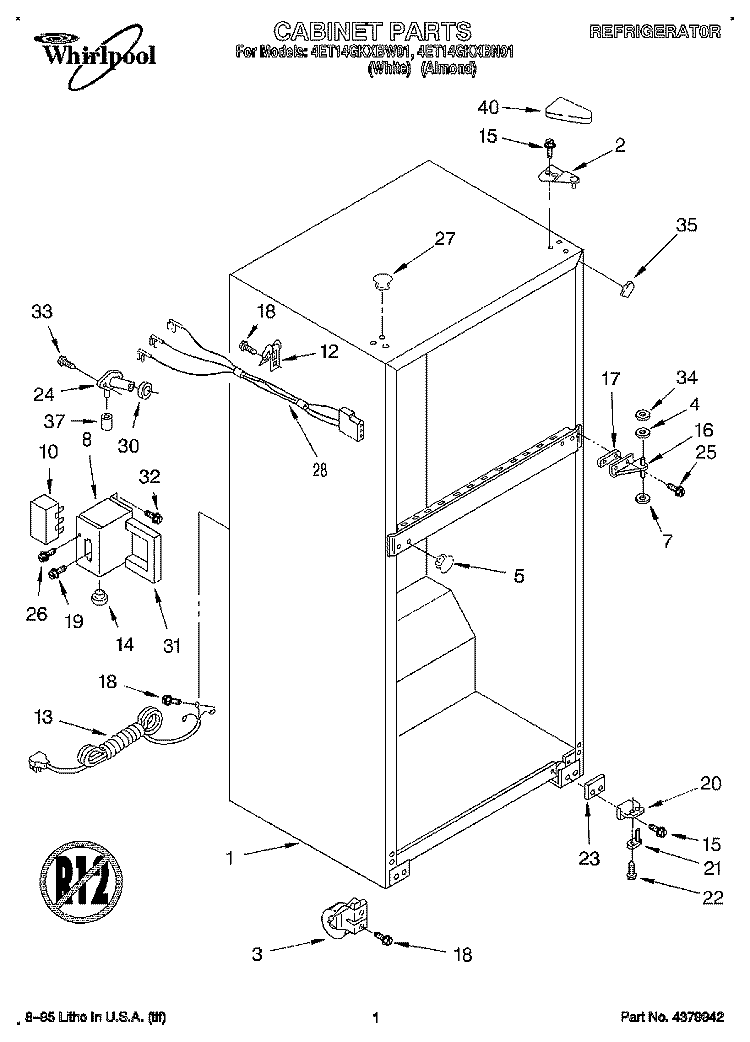 CABINET Diagram and Parts List for 4ET14GKXBN01  Whirlpool Refrigerator