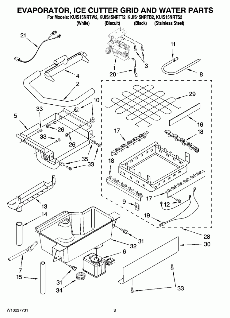 EVAPORATOR, ICE CUTTER GRID AND WATER PARTS Diagram and Parts List for KUIS15NRTT2  KitchenAid Ice Maker