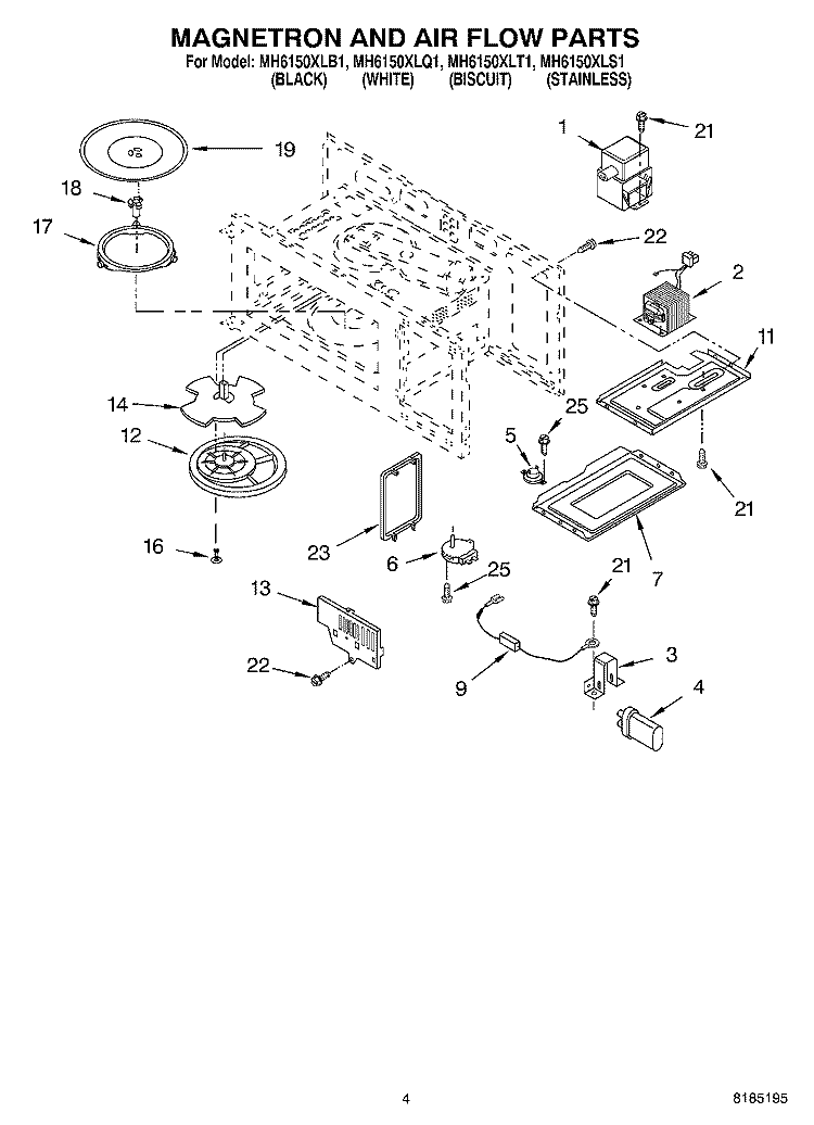 MAGNETRON AND AIR FLOW PARTS Diagram and Parts List for MH6150XLB1  Whirlpool Microwave