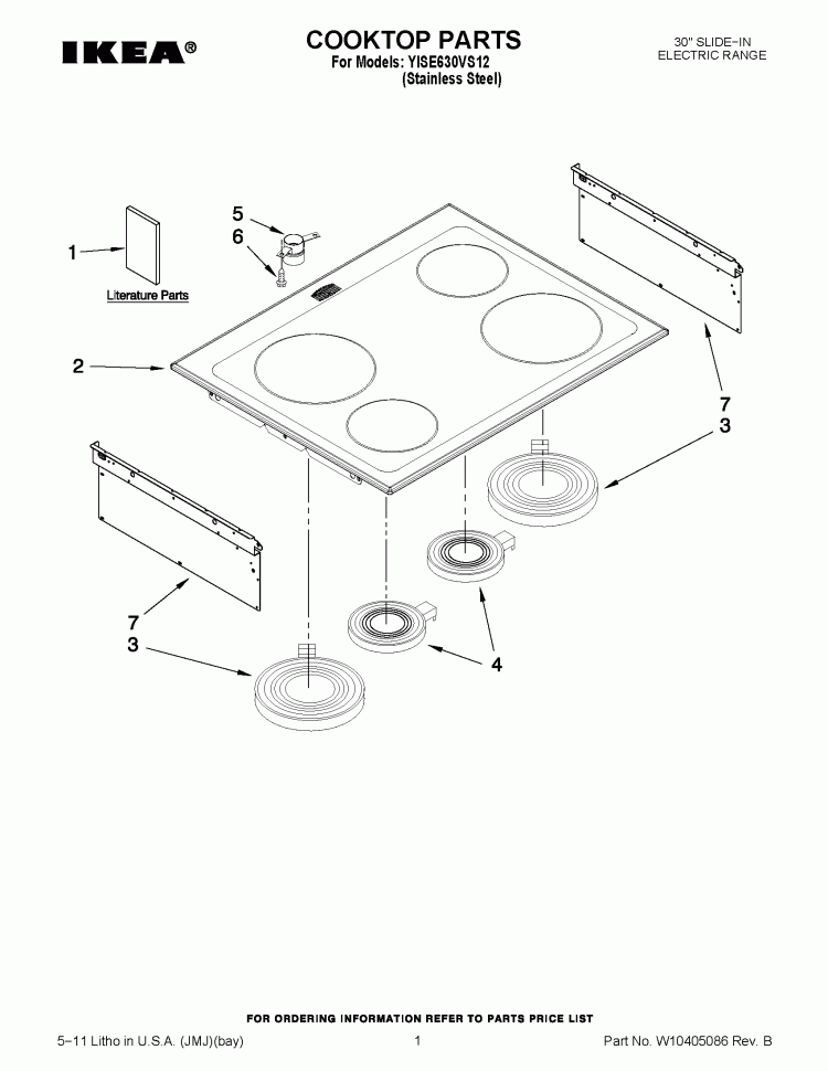 COOKTOP PARTS Diagram and Parts List for YISE630VS12  Whirlpool Range