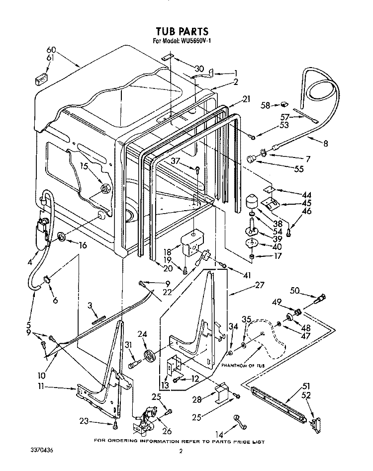TUB, LIT/OPTIONAL Diagram and Parts List for WU5650V1  Roper Dishwasher