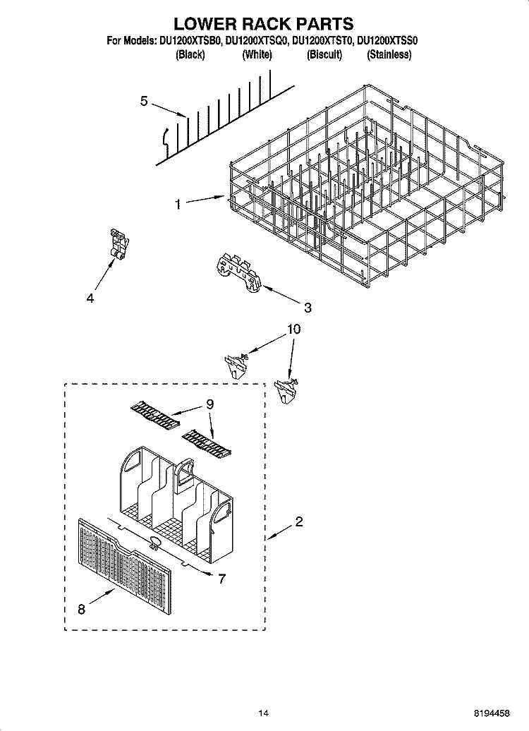 LOWER RACK PARTS, OPTIONAL PARTS (NOT INCLUDED) Diagram and Parts List for DU1200XTSS0  Whirlpool Dishwasher
