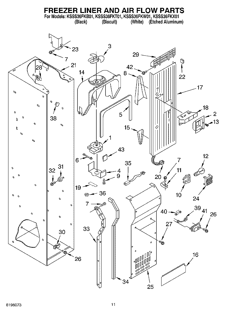 FREEZER LINER AND AIR FLOW Diagram and Parts List for KSSS36FKX01  KitchenAid Refrigerator