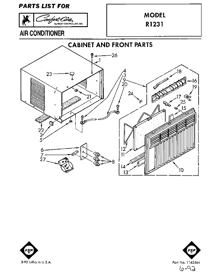 CABINET AND FRONT Diagram and Parts List for R1231  Whirlpool Air Conditioner