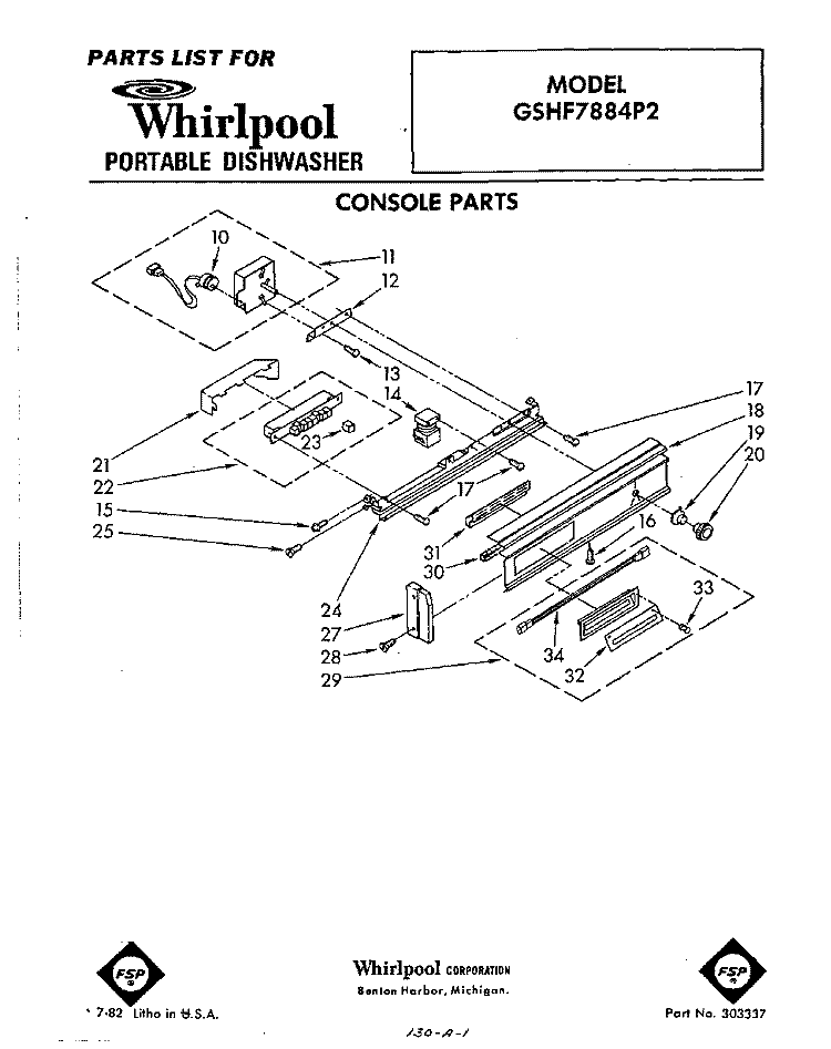 CONSOLE Diagram and Parts List for GSHF7884P2  Whirlpool Dishwasher