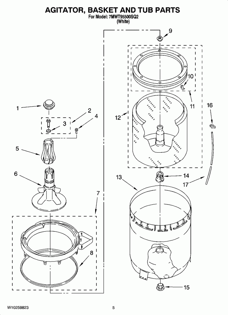 AGITATOR, BASKET AND TUB PARTS Diagram and Parts List for 7MWT95500SQ2  Whirlpool Washer
