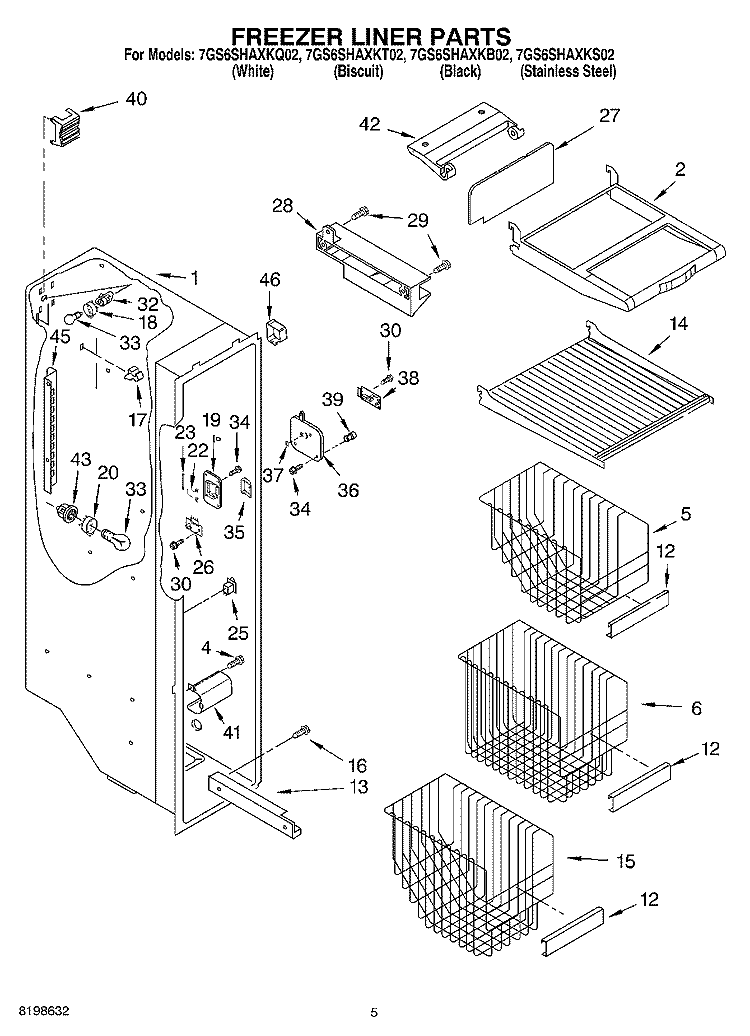 FREEZER LINER PARTS Diagram and Parts List for 7GS6SHAXKT02  Whirlpool Refrigerator