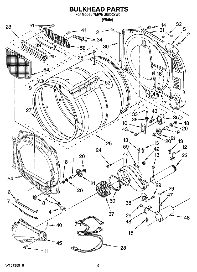 BULKHEAD PARTS Diagram and Parts List for 7MWGD8300SW0  Whirlpool Dryer
