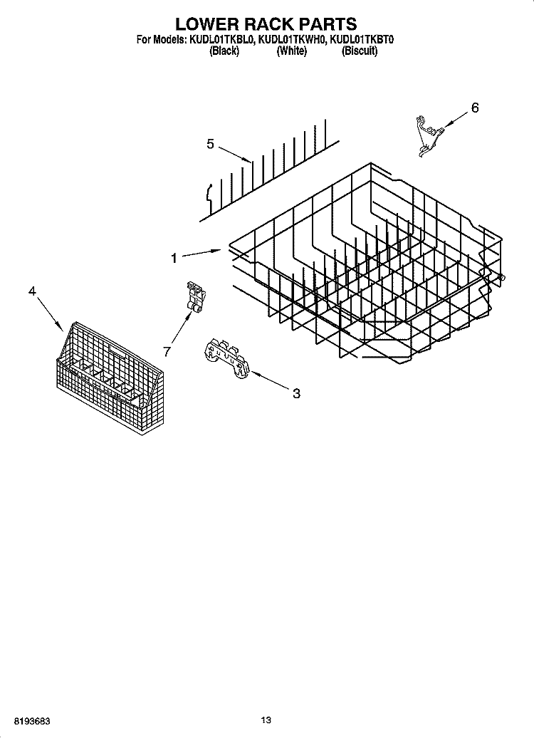 LOWER RACK PARTS Diagram and Parts List for KUDL01TKBL0  KitchenAid Dishwasher