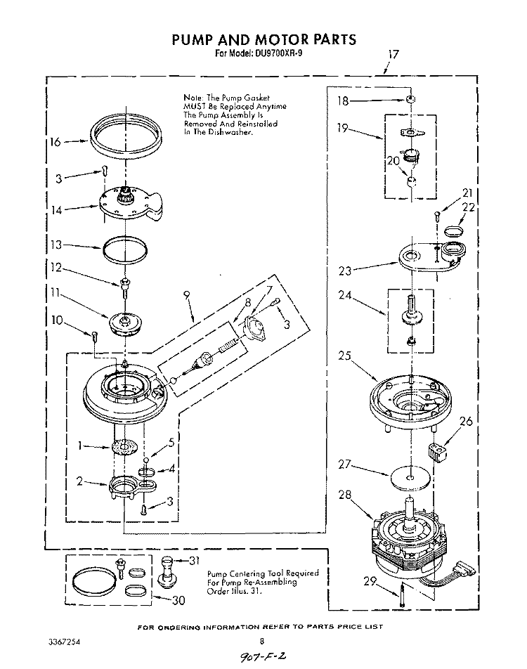 PUMP AND MOTOR Diagram and Parts List for DU9700XR9  Whirlpool Dishwasher