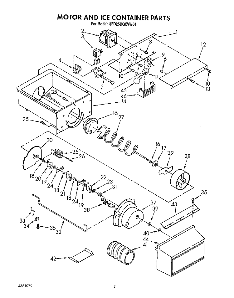 MOTOR AND ICE CONTAINER Diagram and Parts List for 3ED25DQXVN01  Whirlpool Refrigerator