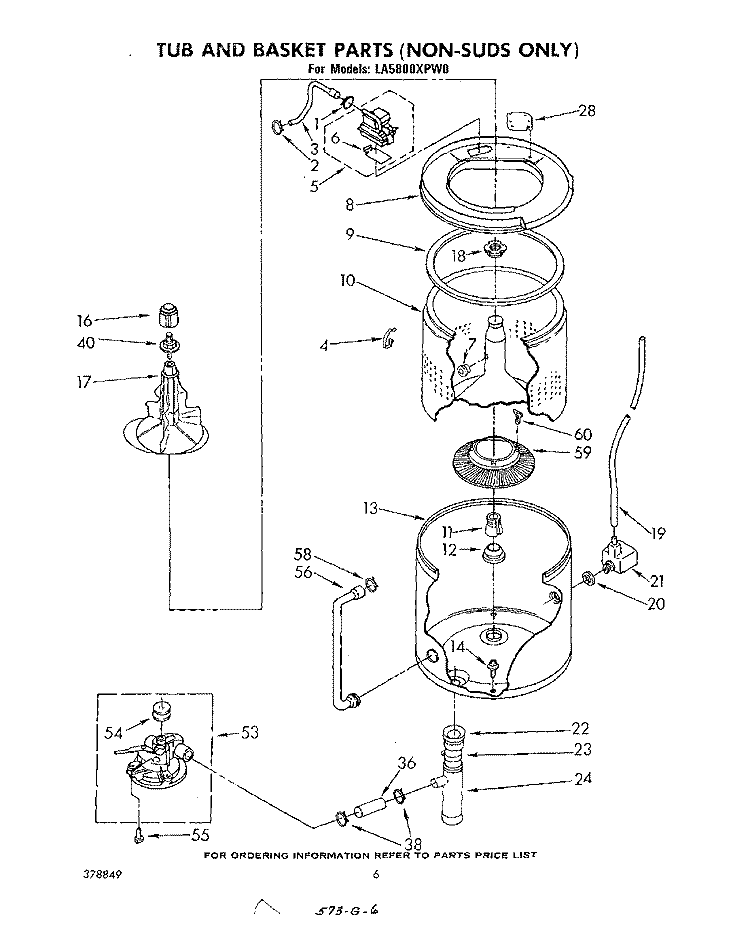 TUB AND BASKET (NON-SUDS ONLY) Diagram and Parts List for LA5805XPW0  Whirlpool Washer