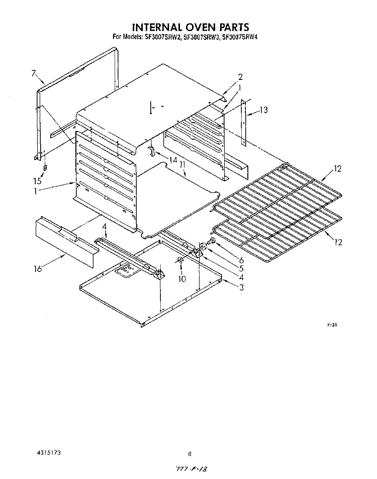 INTERNAL OVEN Diagram and Parts List for SF3007SRW4  Whirlpool Range
