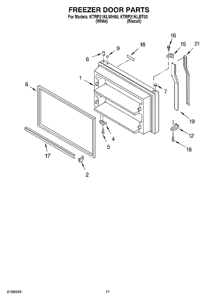 FREEZER DOOR, OPTIONAL Diagram and Parts List for KTRP21KLBT00  KitchenAid Refrigerator