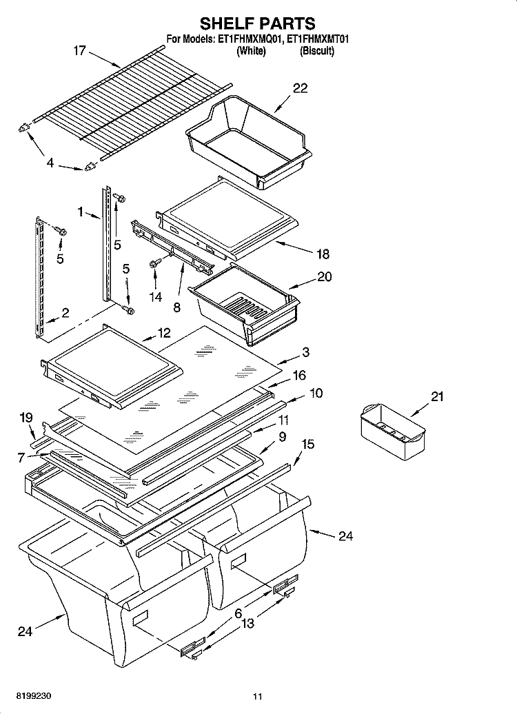 SHELF PARTS, OPTIONAL PARTS Diagram and Parts List for ET1FHMXMT01  Whirlpool Refrigerator